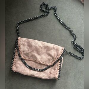 Chain-Embellished Pink Suede Bag